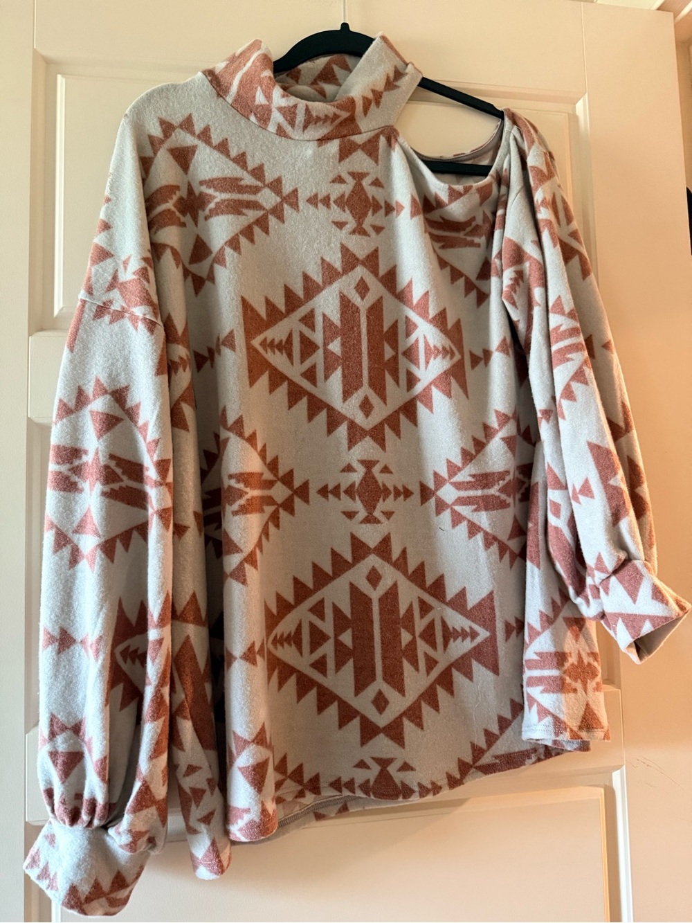 Cozy Aztec Cold Shoulder Mock-Neck Sweater in Gray & Maroon